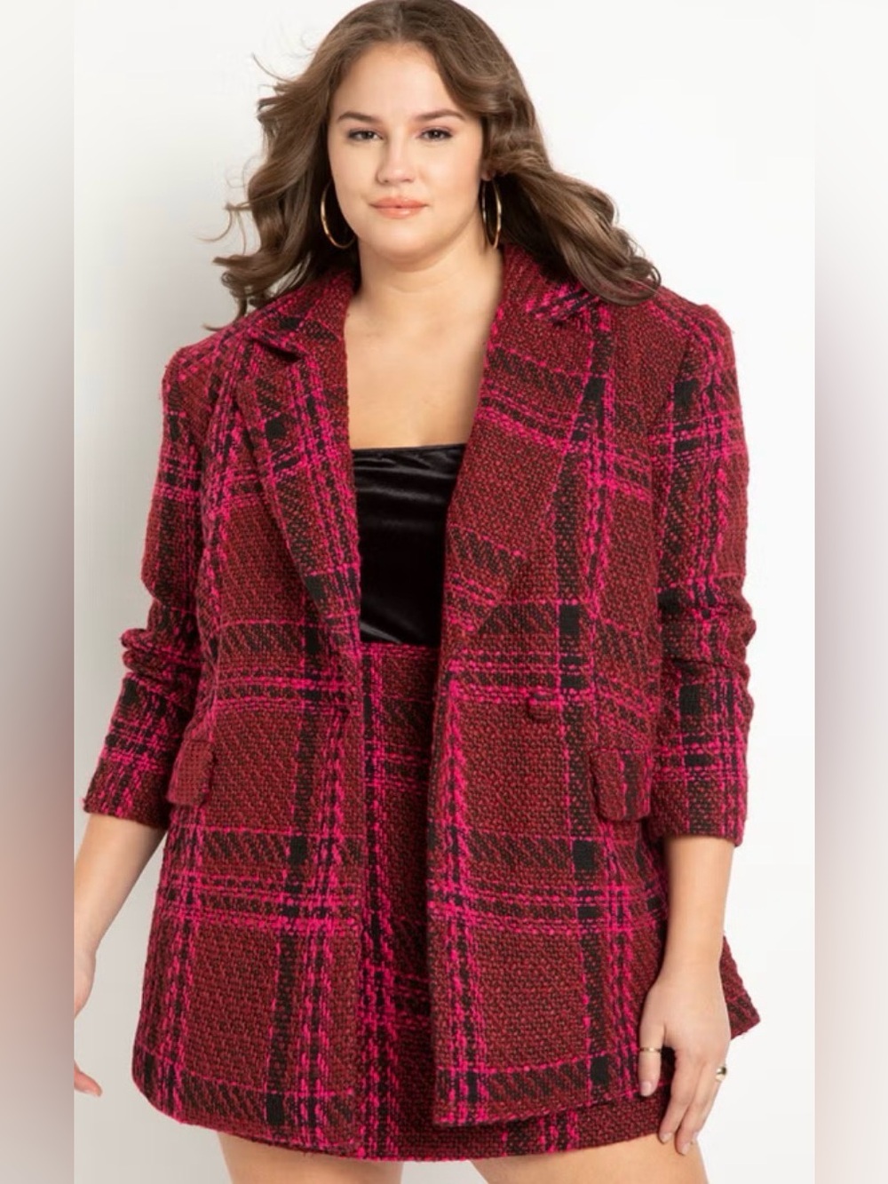 Eloquii Burgundy & Pink Plaid Tweed Blazer